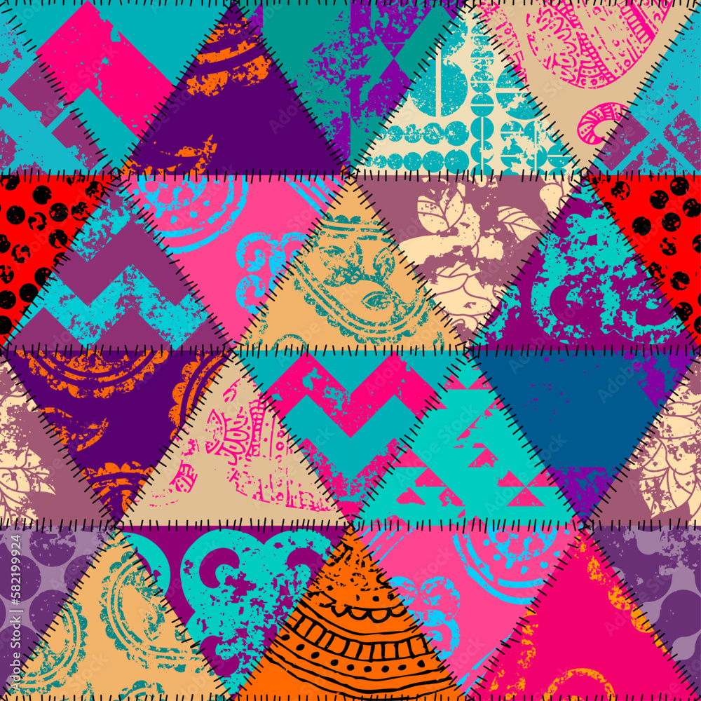 Aufkleber Geometric abstract pattern. Bright patchwork style. Seamless pattern. Grunge background
