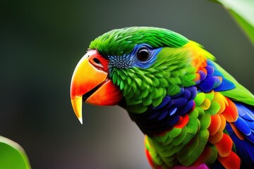 Fototapeta premium Rainbow lorikeet parrot in the treetops in a tropical rainforest, bright flowers and leaves, exotic plants, vines. Wildlife concept of ecological environment. Generative AI
