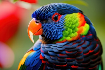 Rainbow lorikeet parrot in the treetops in a tropical rainforest, bright flowers and leaves, exotic plants, vines. Wildlife concept of ecological environment. Generative AI