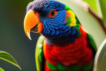 Naklejka premium Rainbow lorikeet parrot in the treetops in a tropical rainforest, bright flowers and leaves, exotic plants, vines. Wildlife concept of ecological environment. Generative AI