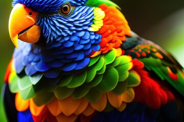 Rainbow lorikeet parrot in the treetops in a tropical rainforest, bright flowers and leaves, exotic plants, vines. Wildlife concept of ecological environment. Generative AI