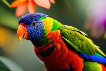 Rainbow lorikeet parrot in the treetops in a tropical rainforest, bright flowers and leaves, exotic plants, vines. Wildlife concept of ecological environment. Generative AI