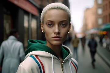 Naklejka premium Beautiful mixed race girl with curly hair and casual clothing in city street. Generative AI illustration