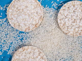 Round puffed crispy rice cakes. Low calorie food for diet.