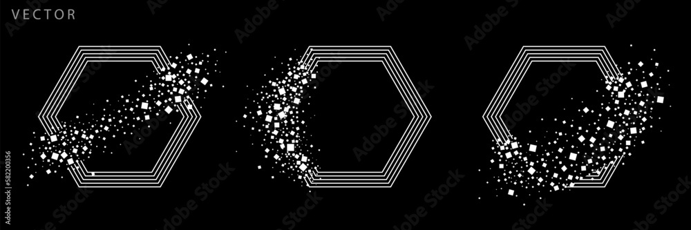 Wall mural set of hexagonal graphic elements. grunge symbols with scattered particles. vector monochrome illust