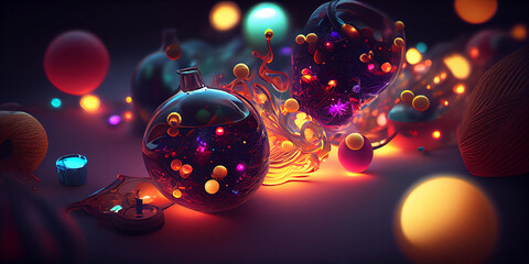 Obraz na płótnie Canvas Christmas tree, balls, fir branch, stars and toys, gifts elements, vibrant colors, cinematic lighting. Generative ai 