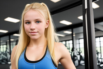 Obraz premium Athletic, beautiful young girl with blonde hair and blue top in gym with exercise equipment in background.Generative AI.