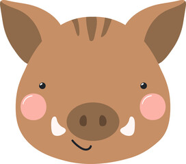 Cute funny baby wild boar face cartoon character illustration. Hand drawn Scandinavian style flat design, isolated PNG. Wildlife, nature, kids print element