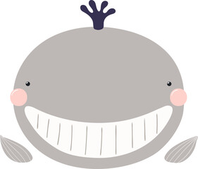 Cute funny baby whale face cartoon character illustration. Hand drawn Scandinavian style flat design, isolated PNG. Wildlife, nature, kids print element