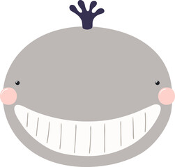 Cute funny baby whale face cartoon character illustration. Hand drawn Scandinavian style flat design, isolated PNG. Wildlife, nature, kids print element