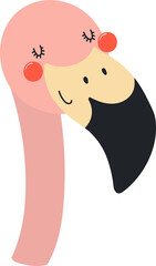 Cute funny baby flamingo face cartoon character illustration. Hand drawn Scandinavian style flat design, isolated PNG. Wildlife, nature, kids print element