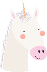 Cute funny baby unicorn face cartoon character illustration. Hand drawn Scandinavian style flat design, isolated PNG. Wildlife, nature, kids print element