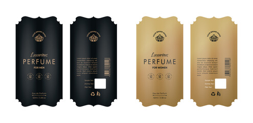 Collection of perfume label designs, gold black frame templates, logo, packaging, design of luxury products. Label template for soap, wine, lotion vector illustration