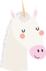 Cute funny baby unicorn face cartoon character illustration. Hand drawn Scandinavian style flat design, isolated PNG. Wildlife, nature, kids print element