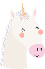 Cute funny baby unicorn face cartoon character illustration. Hand drawn Scandinavian style flat design, isolated PNG. Wildlife, nature, kids print element