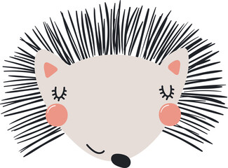 Cute funny baby hedgehog face cartoon character illustration. Hand drawn Scandinavian style flat design, isolated PNG. Wildlife, nature, kids print element