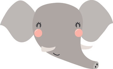 Cute funny baby elephant face cartoon character illustration. Hand drawn Scandinavian style flat design, isolated PNG. Wildlife, nature, kids print element