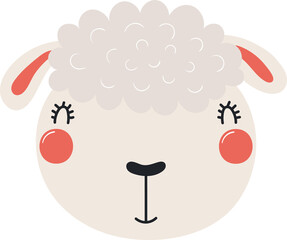 Cute funny baby sheep face cartoon character illustration. Hand drawn Scandinavian style flat design, isolated PNG. Wildlife, nature, kids print element