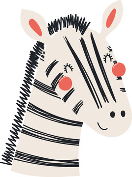 Cute funny baby zebra face cartoon character illustration. Hand drawn Scandinavian style flat design, isolated PNG. Wildlife, nature, kids print element
