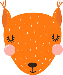 Cute funny baby squirrel face cartoon character illustration. Hand drawn Scandinavian style flat design, isolated PNG. Wildlife, nature, kids print element