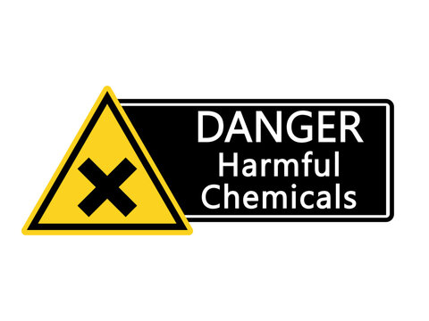 Danger harmful chemicals. Yellow triangle warning sign with symbol and text on black background by side. Sticker	