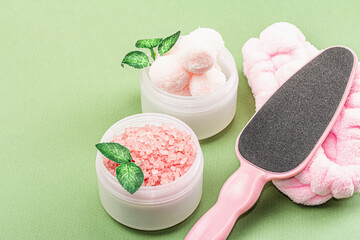 Wellness and spa composition with pink natural ingredients. Beauty cosmetic skincare background