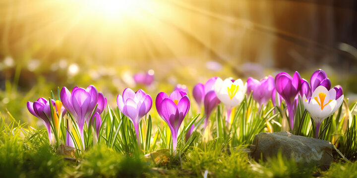 Spring crocus blossoms. Spring wildflowers. generative ai. Beautiful purple blooming flowers in the sunlight