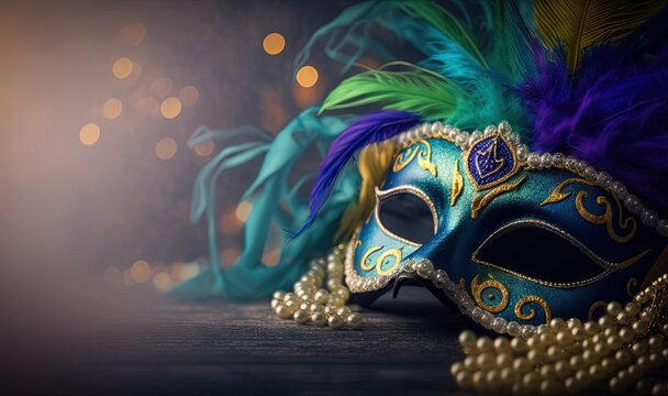  a close up of a mask with feathers on a dark surface with lights in the back ground and blurry lights in the background behind the mask.  generative ai