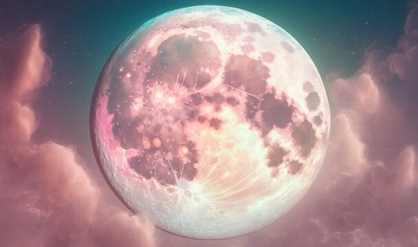  a pink and blue moon in the sky with clouds and stars in the sky and a blue sky with clouds and stars in the sky.  generative ai