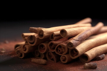 Obraz na płótnie Canvas Spice cinnamon sticks close dark background cooking generative ai