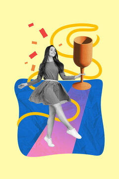 Vertical creative collage template photo of attractive positive woman hold big goblet dancing having fun isolated on drawing background