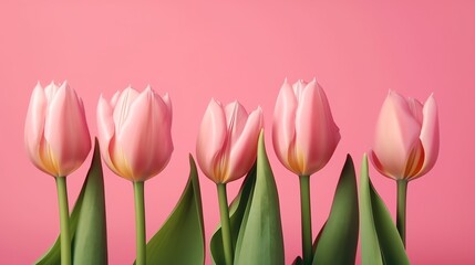Pink tulips on the pink background. Spring banner background