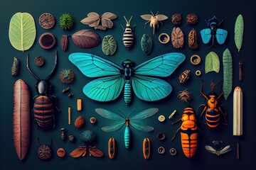 Set of various insects on a dark background. generative AI.