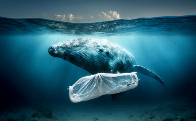 Whale in plastic bag, Plastic garbage pollution in ocean concept, Generative AI

