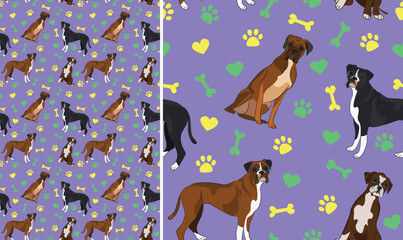 Boxer dogs on a playful violet background with bones, hearts, paws. Funky, colorful vibe, vibrant palette. Simple, clean, modern texture. Summer seamless pattern with dogs. Birthday present, card.