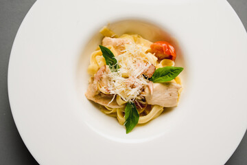 menu item pasta with meat close-up