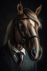 Portrait of a horse wearing glasses dressed in a formal business suit, generative ai