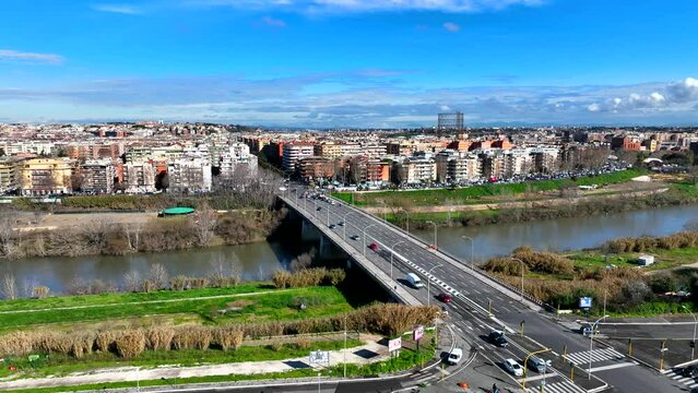 Ponte Marconi, ponte, Tevere, fiume, fiume Tevere, Marconi, Vista aerea, drone, dall'alto, distretto, Roma, Italia, viabilit&agrave;, automobili, viaggiare, citt&agrave;, 
