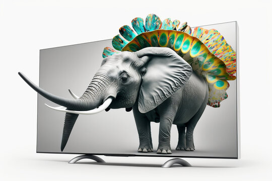 Smart TV with elephant coming out of the screen and vibrant colors. Generative AI.