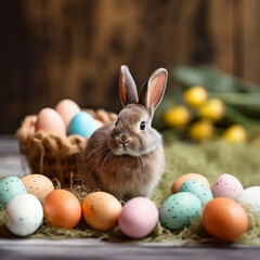 Fototapeta na wymiar Cute little bunny and colorful Easter eggs. Illustration generated ai as easter concept. Generative ai
