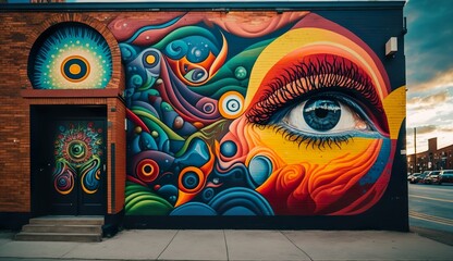 Colorful and Creative Street Art: A Wall And Door Paintings Of Human Eye and Patterns in Vibrant Colors. Generative Ai.