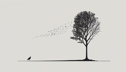 Minimalistic Black and White Illustration of a Bird and a Tree in the Wind. Generative Ai.