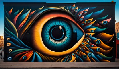 Eyes of the City": A Large-Scale Mural of a Colorful and Intricately Detailed Eye on a City Wall. Generative Ai.