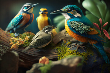 Fototapeta premium Various birds of all shapes, sizes, and colors in their natural habitat