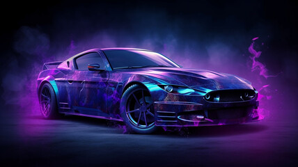 Obraz na płótnie Canvas Purple sport car wallpaper on smoke neon background Generative AI
