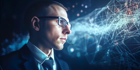 person using data analysis with network complex information from visualizing system.smart working.optimization of human,Artificial intelligence automation.business development.Generative ai technology