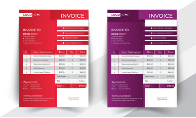 Business invoice form template. Invoicing quotes, money bills or price invoices and payment agreement design templates. Tax form, bill graphic or payment receipt page vector set
