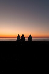 Fototapeta na wymiar Vertical of a group of friends sitting at a beach enjoying the scenic sunset and waves