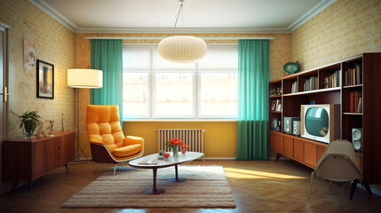 modern retro colorful living room, generative ai