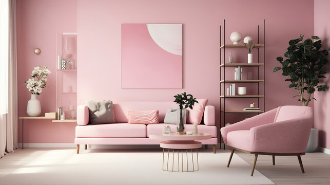 modern contemporary luxury pink living room, generative ai